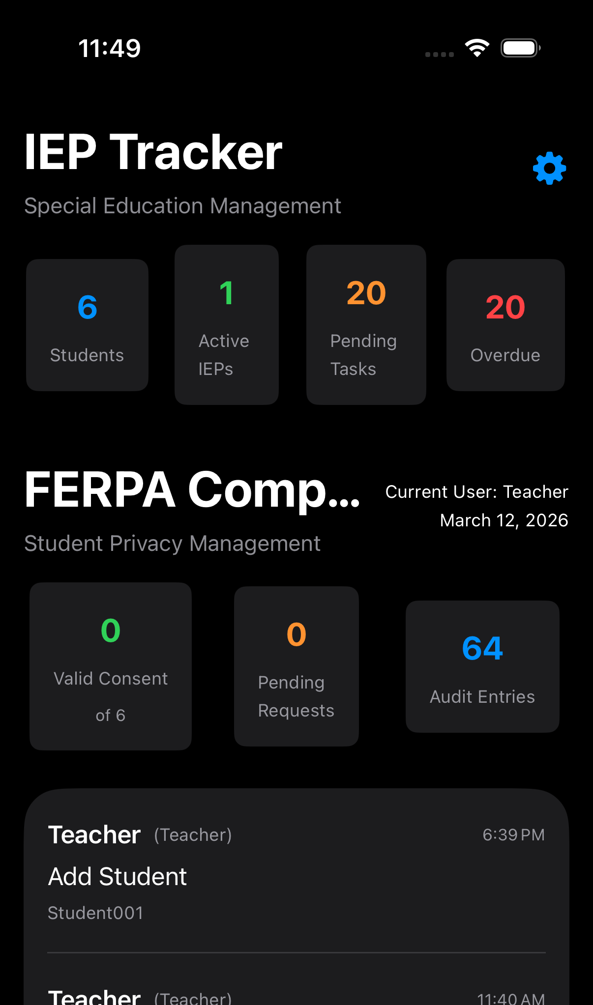 IEP Tracker FERPA compliance audit log screen